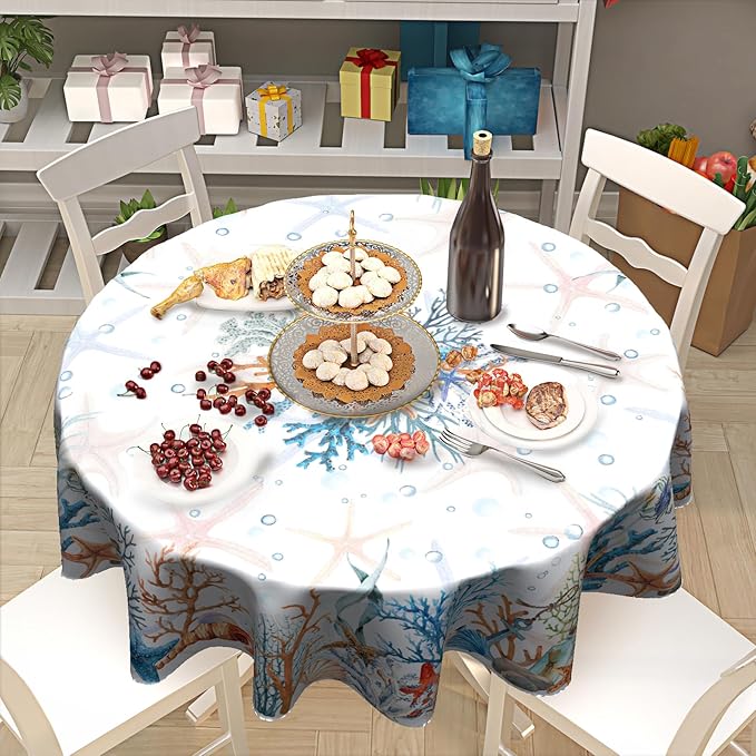 Giwawa Coral Starfishes Round Tablecloth 60 Inch, Nautical Ocean Coastal Animal Undersea Beach Marine Colorful Washable Table Cover for Home Kitchen Dining Party Indoor and Outdoor Decor
