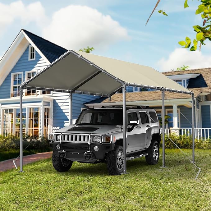 Carport, 10x20ft Heavy Duty Portable Garage, Car Port with Storage Shed, Car Canopy Car Tent with Steel Frame All-Season Tarp for Car, Truck, Boat, Party (B-Rice)