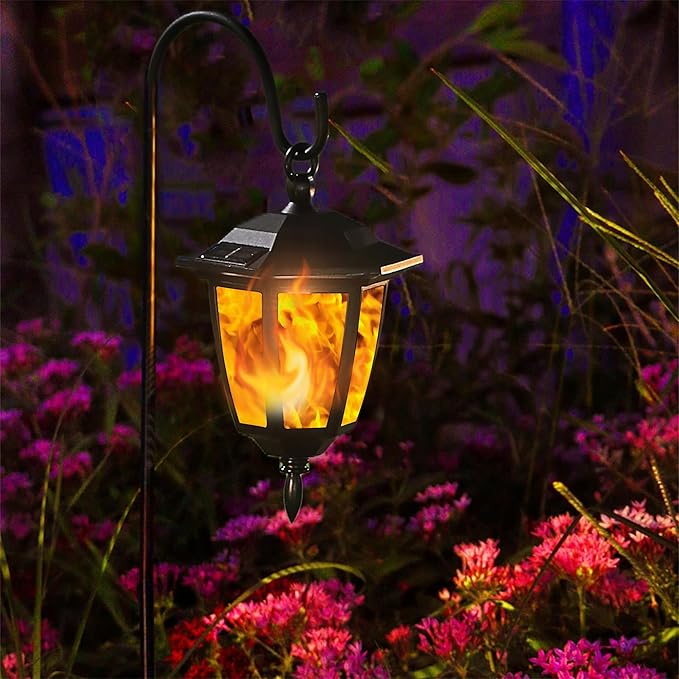 Dynaming 4 Pack Solar Flame Hanging Lights Outdoor, Solar Flickering Flame LED Garden Lanterns with 4 x 38 Inch Shepherd Hooks, Landscape Lighting Waterproof for Lawn Patio Yard Pathway Driveway