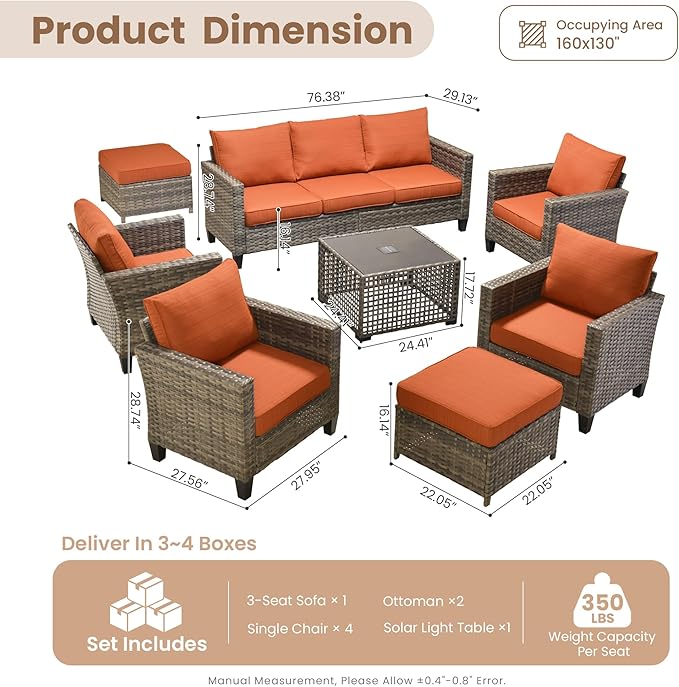 HOOOWOOO Outdoor Patio Furniture Set,8 Pieces Wicker Conversation Set,All Weather Couch Set with Solar Light Table Ottoman Chairs 9 Seaters for Out Door Yard(Brick Red)