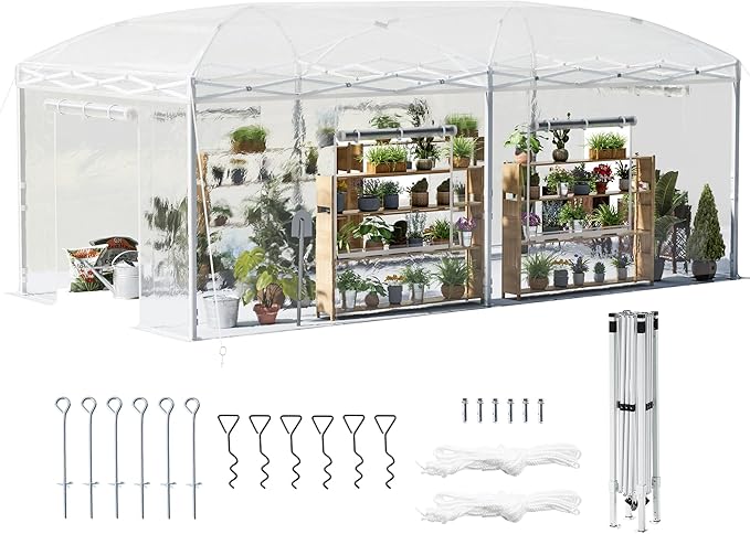 Specraft 19.2×10×8.5 FT Upgraded Pop-up Greenhouses with Adjustable Reinforced Frame, Outdoors Portable Walk in Greenhouse with 2 Roll-up Zipper Door & Mesh Windows, PE Cover, White