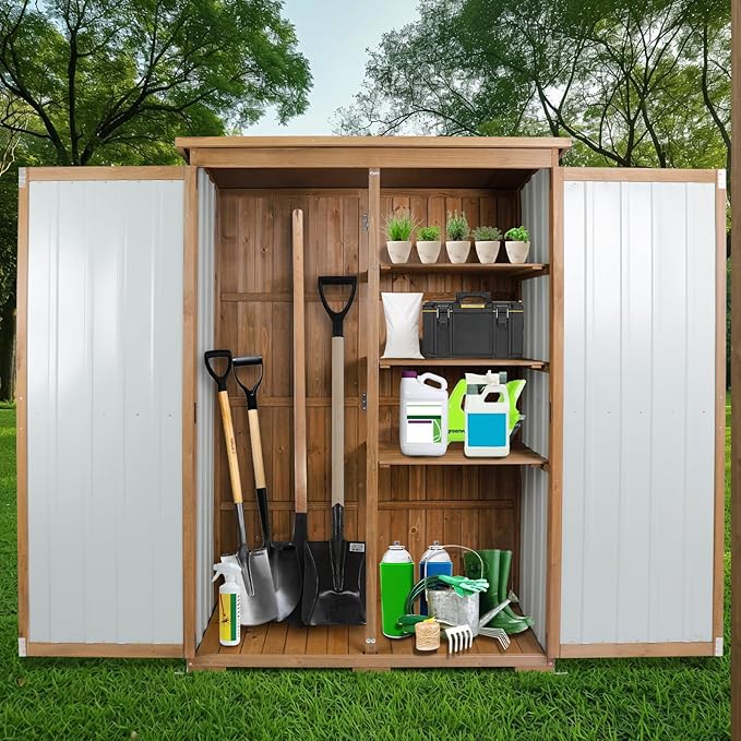 Outdoor Storage Cabinet Wood & Metal with Waterproof Roof, Garden Tool Shed with 4 adjustable reinforced feet with metal brackets, 3 Removable Shelves, 6 T-Hinge, Magnetic door,18.1"D x 49"W x 68.5"H