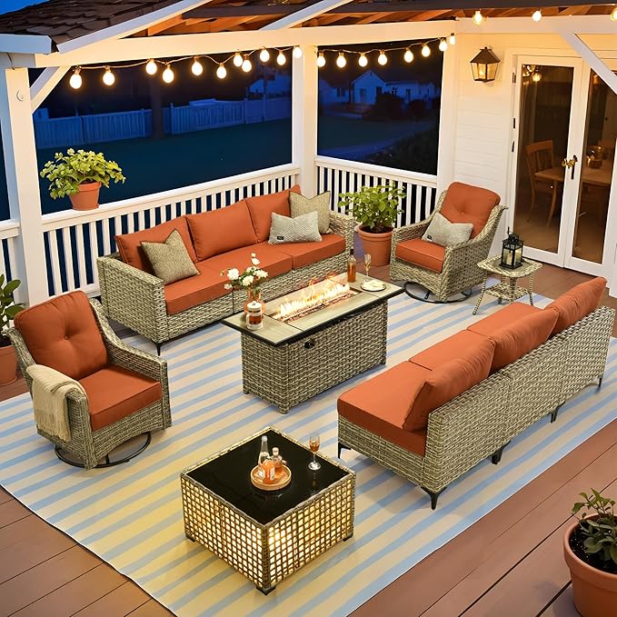 HOOOWOOO Outdoor Patio Furniture Set with Fire Pit Table,11 Pieces Wicker Out Door Sectional Furniture L Shaped Couch,Outside Patio Conversation Swivel Chair Sets,Orange Red