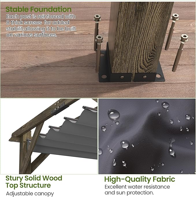 10x10 Ft Outdoor Wood Pergola with Retractable Roof & Mounting Kit Wooden Gazebo, Premium Support Structure, Wind and Snow Supported, Modern Outdoor Pergola for Porch, Grapevine and Deck