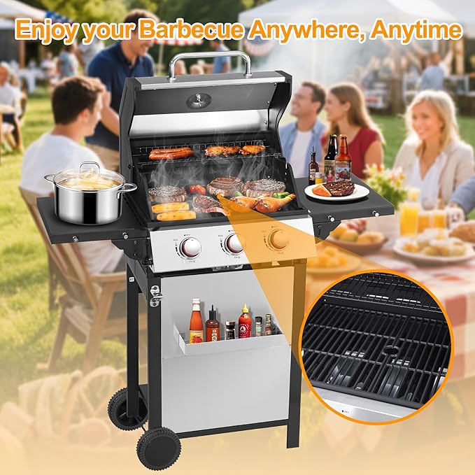 3-Burner Propane Gas Grill with 2 Foldable Side Tables, 30,000 BTU Outdoor BBQ Stainless Steel Grill with Porcelain-Enameled Cast Iron Grates and Thermometer, Easy Assembly for Patio, Backyard BBQ