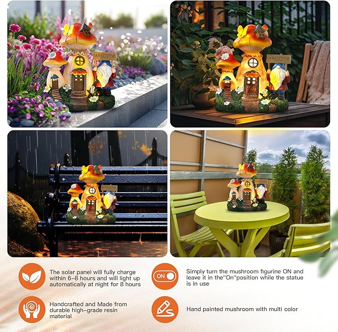 Json Solar Garden Statue Lights Mushroom Fairy House Figurine, Outdoor Memorial Garden Ornaments Waterproof Decoration for Outside Patio Yard Lawn Decor