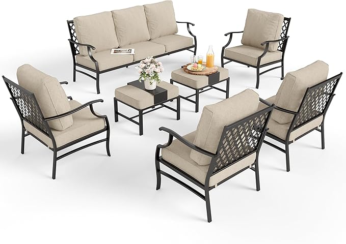 Patio Furniture Set 7 pcs, Outdoor Patio Furniture, 3-Seat Sofa, 4 Single Chairs, 2 Ottomans and 5.75" Extra Thick Cushion, Patio Conversation Set for Garden Backyard Deck,Beige