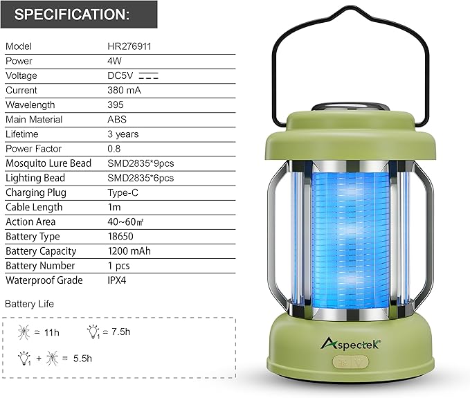 ASPECTEK Waterproof Bug Zapper Lantern – Portable Rechargeable Mosquito Zapper and Fly Trap Light, Cordless Electric Insect Killer with Type-C Charging, Indoor/Outdoor Use for Patio, Camping, Garden