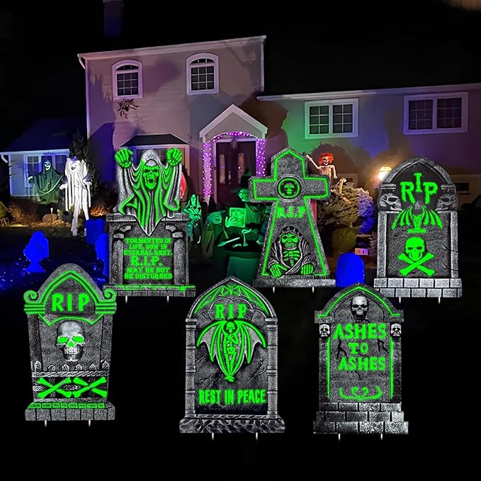 25"x16"Spooky Halloween Gravestones Yard Sign Glow in The Dark, 6Pcs Tombstones for Outdoor Yard Decor, Waterproof and Durable Cemetery Decorations for Grave, Garden and Party, Haunting Effect
