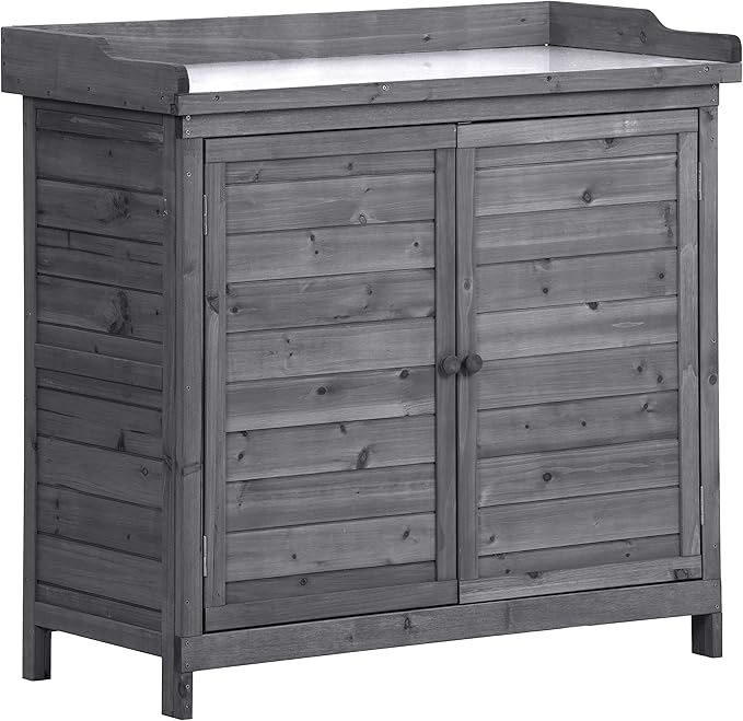 Merax Outdoor 39" Potting Bench Table, Rustic Garden Wood Workstation, Storage Cabinet with 2-Tier Shelves and Side Hook, Grey