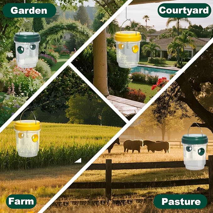 SPICA 4 Pack Wasp Traps Outdoor Hanging, Reusable, Solar Powered Bee Traps for Hornets, Bees, Yellow Jackets, Wasps with Led Light