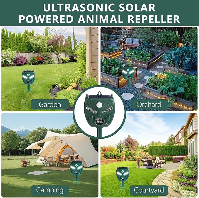 2 Pack 2025 Ultrasonic Animal Repellent Outdoor Deer Repellent Devices Solar Animal Repeller Motion Activated Deterrent to Scare Cat Squirrel Rabbit Raccoon Skunk with LED Flash Lights for Yard Lawn