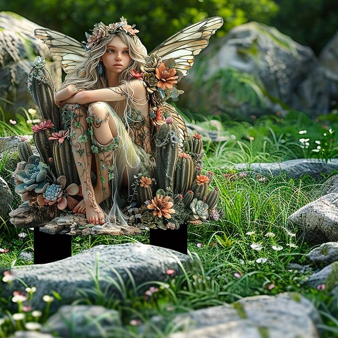 Fairy Garden Stake Decor, 2D Flat Acrylic Fairy Garden Decor Panel, Elf Yard Sign for Outdoor Indoor Yard Lawn Plants Pots, Fairy Garden Accessories (Cactus Fairy)