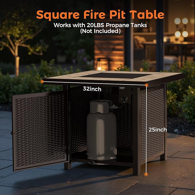 BALI OUTDOORS Propane Gas Fire Pit Table 32 inch 50,000 BTU Square Gas Firepits for Outside, Brown