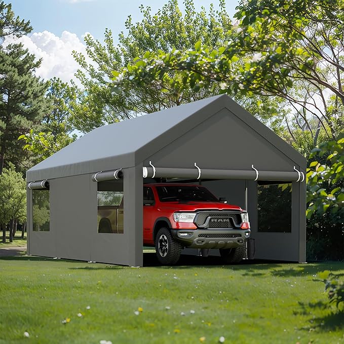 JY QAQA Carport, 10x20 FT Heavy Duty Carport Reinforced Steel Poles with Removable Sidewalls & Doors,Roll-up Windows Car Canopy with Sandbags and All-Season Tarp for Car Boat Truck Motorcycle