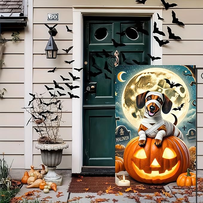 Happy Halloween Garden Flags Ghost Dog Skeleton Dachshund Dog Small Yard Flag for Outdoor Decor 12x18 Inch Vertical Double Sided for Outside Decoration