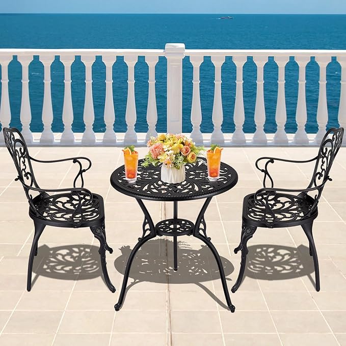 3 Piece Bistro Set, Outdoor Bistro Table and Chairs Set of 2, Rust-Resistant Cast Aluminum All Weather Patio Outdoor Bistro Set with Umbrella Hole for Backyard, Balcony, Front Porch, Black