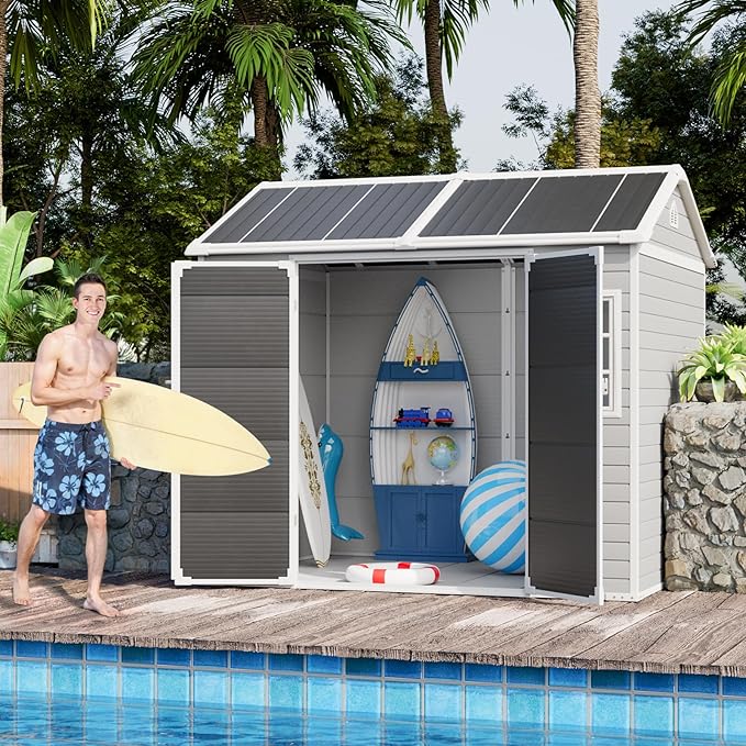 CDCASA 8x6 FT Resin Storage Shed, Waterproof Large Outdoor Sheds with Floor Included & Adjustable Openable Windows, Outside Plastic Tool Shed for Backyard Patio Poolside Garden, Dove Grey