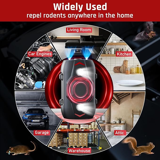 Rodent Repellent for Car Engines - Ultrasonic Mouse Repellent Under Hood, Upgraded 4 LED Strobe Lights, Plug-in & Battery Powered, Keep Rodents Out of Car, RV, Garage, Room, Indoor, Outdoor, 2 Pack