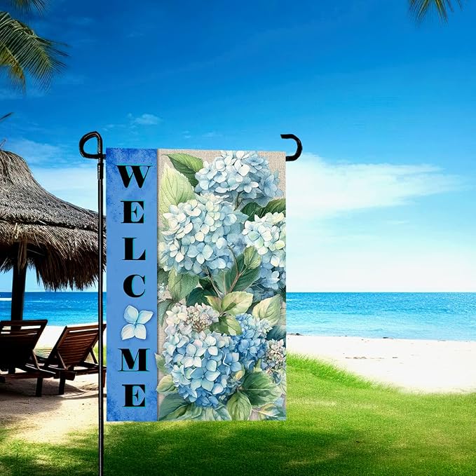 Hydrangea Garden Flags Welcome Spring Summer Yard Flag Waterproof Blue Floral Garden Flag for Outside Double Side Burlap Flowers House Banner Decor Standard Size 12Γ18 Inch