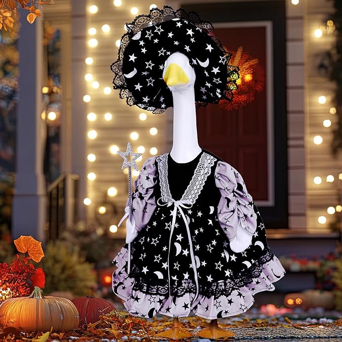 AZYM Halloween Porch Goose Outfits,3 Pcs/Set Yard Goose Statue Clothes for 23" Statue Patio Lawn Garden Halloween Decoration(Black Halloween Night)