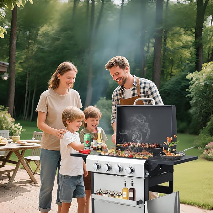 4-Burner Propane Gas BBQ Grill with Porcelain-Enameled Cast Iron Grates, Baking Sheet, 2 Foldable Side Table, 49,200 BTU Stainless Steel Grill for Outdoor Camping Barbecue Grilling Backyard Cooking