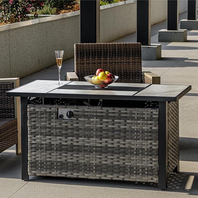 47" Propane Fire Pit Table with Real Ceramic Tabletop & Ratten Side Panel, 50000 BTU Gas Firepit Table with Lid & Glass Rock, Outdoor Fire Pit for Dining or Party, Firepit for Outside, Patio