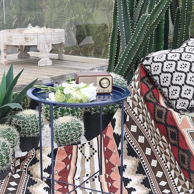 Garden 4 you End Table 2 PCS Metal Side Table Dark Blue Round Folding Tray Cyan Sofa Small Accent Fold-able Table, Round End Table Tray, Next to Sofa Table, Snack Table for Living Room and Bed Room