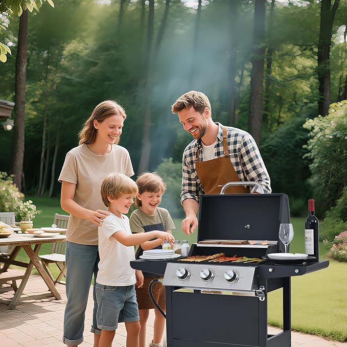 3-Burner Propane Gas BBQ Grill, Porcelain-Enameled Cast Iron Grates and 2 Foldable Side Tables, 25,650 BTU Stainless Steel Grill for Outdoor Camping Barbecue Grilling Backyard Cooking