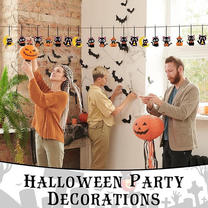Yexiya 24 Sets Halloween Craft Kits Black Cat Crafts DIY Hanging Ornaments with Sticker and Ribbon Pumpkin Moon Corn Paper Hanging Decor for Halloween Party Decoration