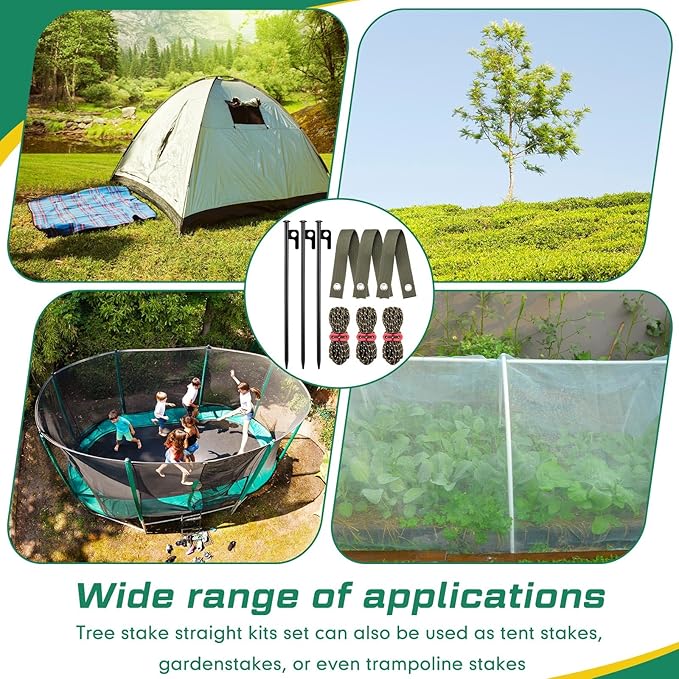 Sintuff 36 Pcs Heavy Duty Tree Stake Kits Stake and Support for Young Leaning Tree Anchor Straightening Kit, 15.8'' Support Straps, 11.8'' Steel Stakes, 13.12ft Rope(Army Green)