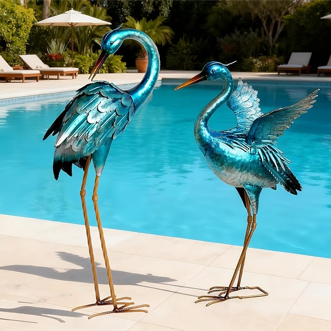 Garden Crane Statues for Outdoor Blue Heron Metal Birds Yard Art Ornaments for Backyard Pond Patio Porch Outside Decorations