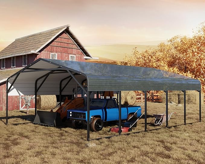 20x20 FT Heavy Duty Carport Garage with Structural Reinforcement | 2-Car Metal Shelter | Galvanized Steel Roof| Ground Anchors | Snow/Wind Resistant | Fits Trucks, RVs, Pickups, Boats, Tractors, SUVs