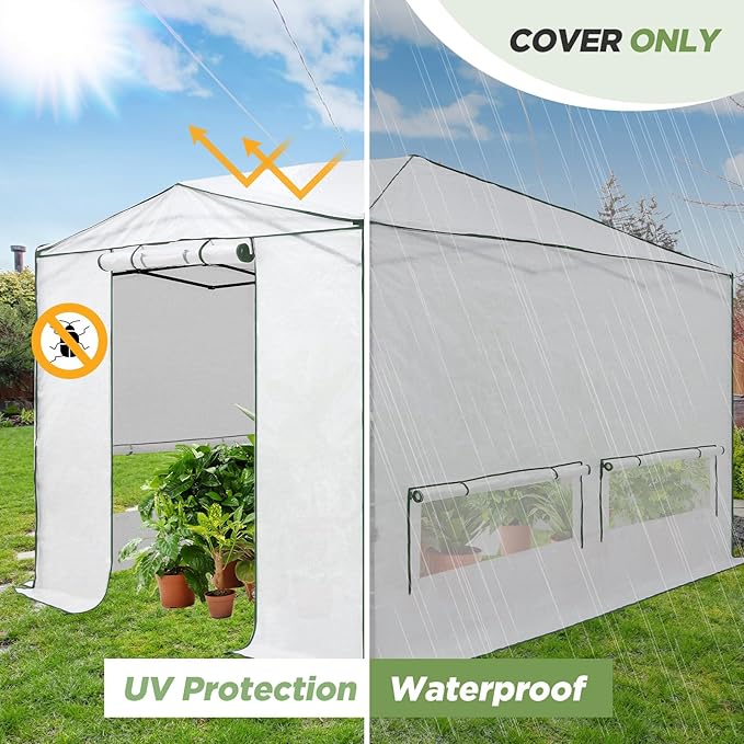 EAGLE PEAK Woven Replacement Cover for 12x8 Portable Walk-in Pop up Greenhouse, Front and Rear Roll-Up Zipper Entry Doors and 4 Roll-Up Side Windows (Frame Not Included), White