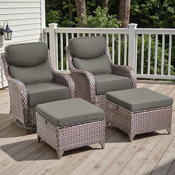 Wicker Outdoor Patio Furniture Set - 4 Piece Patio Conversation Set with Swivel Rocker Chairs and Ottomans, 6 inch Cushions, High Back, Deep Seating, for Porch Deck Garden Brown/Grey