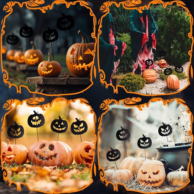 Chunful 4 Pcs Halloween Decorative Garden Stakes Jack O Pumpkin Garden Stakes for Flower Planter Pot Outdoor Metal Yard Sign Day of The Dead Decorations Halloween Patio Lawn Decor