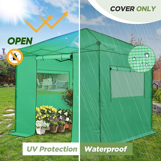 EAGLE PEAK Replacement Cover for 8x8 Portable Walk-in Pop up Greenhouse, Front and Rear Roll-Up Zipper Entry Doors and 2 Large Roll-Up Side Windows (Frame Not Included), Green