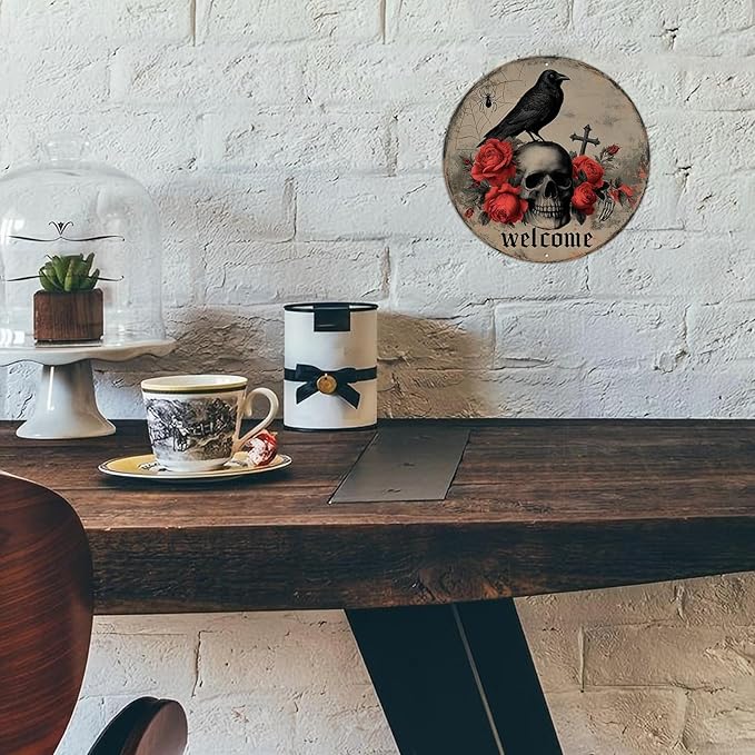 PEACHGARDEN Halloween Skull Crow Metal Tin Sign Vintage Gothic Skeleton Decor Spooky Welcome Door Plaque Retro Wall Art Iron Painting for Home Bar Pub 8x8inch