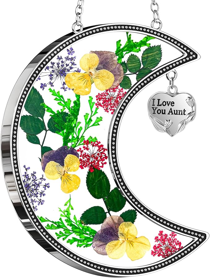 KY&BOSAM Moon Suncatcher I Love You Aunt Stained Glass for Window Hangings Wind Chimes Decor with Pressed Real Flower and Metal Charm Birthday Gift for Women Aunt Mother`s Day Christmas