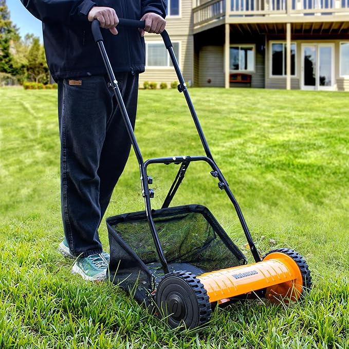 Walensee 14-Inch 5-Blade Push Reel Lawn Mower, Cordless Manual Reel Lawn Mower Walk-Behind Steel Lawn Mowers with Removable 6.7-Gallon Grass Catcher, Sponge Grip, 4-Position Cutting Height Adjustment