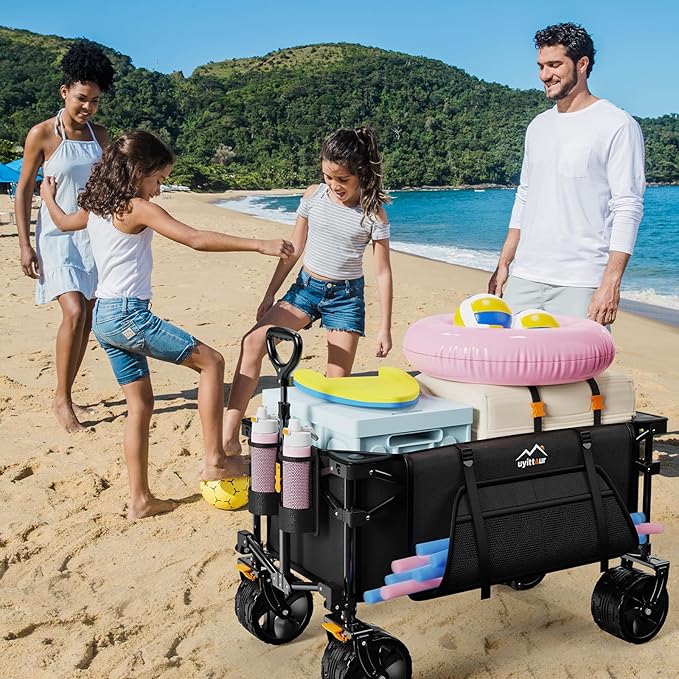 Collapsible Wagon Cart Heavy Duty Foldable, Folding Beach Wagon with Big Wheels for Sand, Utility Grocery Cart with Side Pocket and Brakes for Camping Sports Outdoor Activities, Black