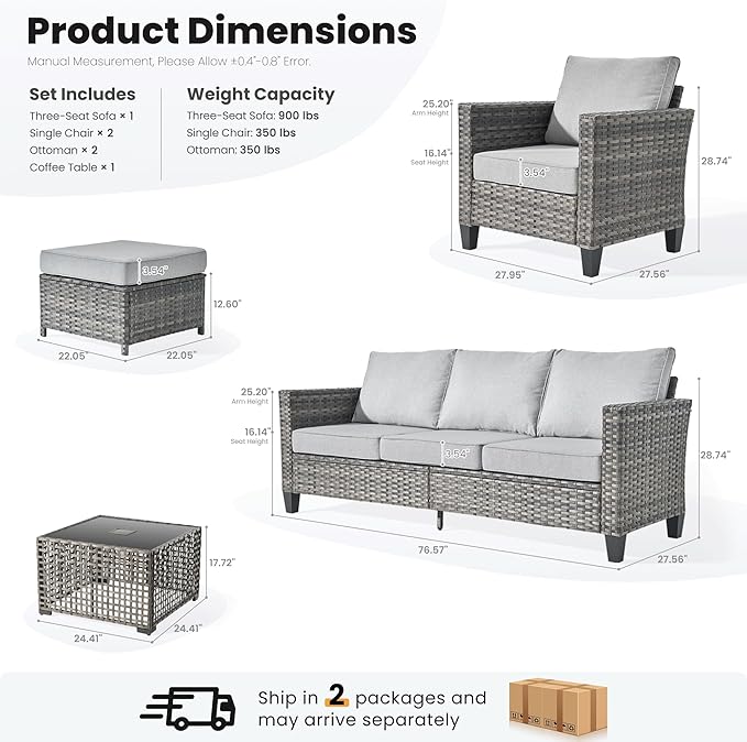 ovios 6 Pieces Patio Furniture Set Outdoor Sofa Couch with Solar Lights Table Comfy Cushions, Modern Deep Seat Wicker Rattan Conversation Set for Porch Deck, Grey