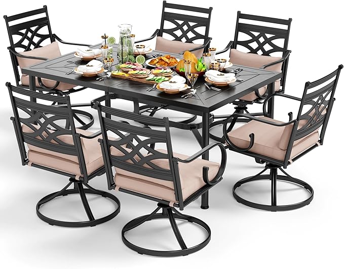 PHI VILLA 7 Pcs Patio Dining Set,Outdoor Table Chair Set for 6 with Outdoor Swivel Chairs and Metal Frame Steel Rectangular Table,Outdoor Dining Furniture with Cushion and Pillow for Garden Lawn Deck