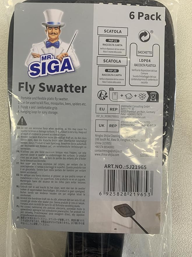 MR.SIGA Heavy Duty Long Handle Fly Swatter, Black, 6 Pack