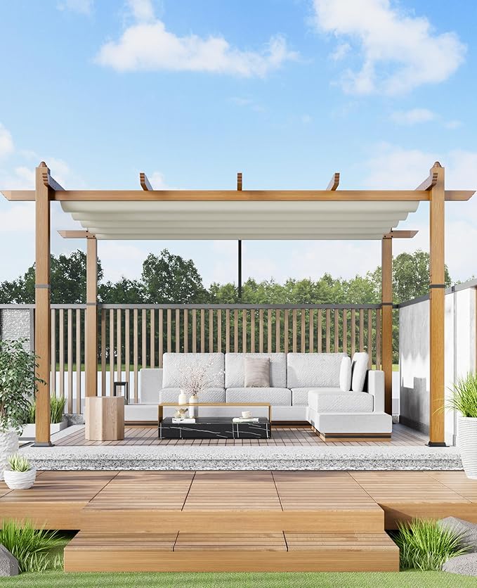 10x13 Ft Outdoor Retractable Pergola with Adjustable Roof Modern Metal Patio Gazebo, Upgraded Faux Wood Grain Aluminum Pergola for Deck, Backyard Gardens, Porches, Grapevines, Beige