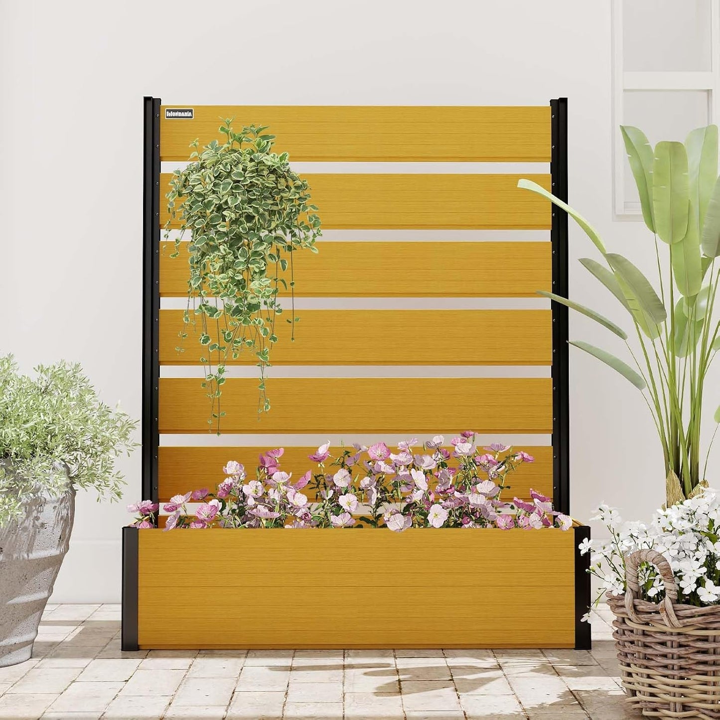 Vertical Screen Planter Bed - Raised Garden Box with Trellis for Climbing Plants, Durable Privacy Fence Planter for Outdoor, Patio, Deck Aluminum Frame, Yellow Teak