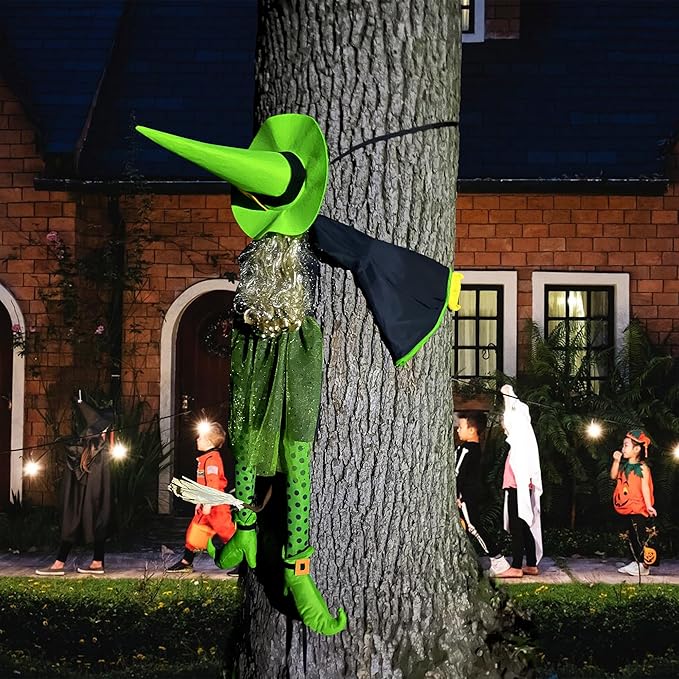 53" Halloween Crashing Witch Decoration – Green Flying Witch Tree Prop for Yard, Porch, Patio, Lawn – Funny Outdoor Halloween Decor for Garden, Fence, and Door