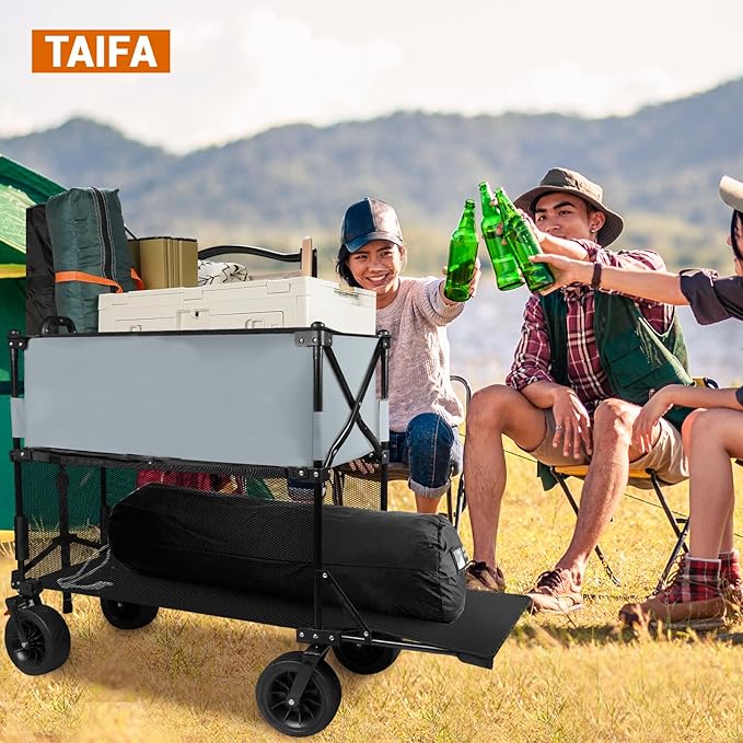Taifa Longer Foldable Collapsible Double Decker Wagon Cart, Heavy Duty Portable Beach Utility Grocery Wagon Cart with Big Wheels and Brakes for Sand, Camping Outdoors, Grey