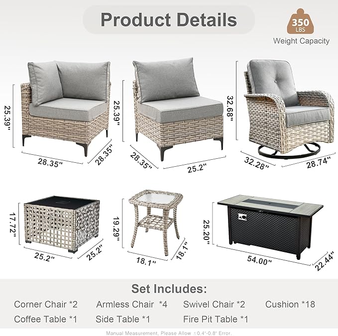 HOOOWOOO Outdoor Patio Furniture Set with Fire Pit Table,11 Pieces Wicker Out Door Sectional Furniture L Shaped Couch,Outside Patio Conversation Sets Swivel Chair,Charcoal Gray