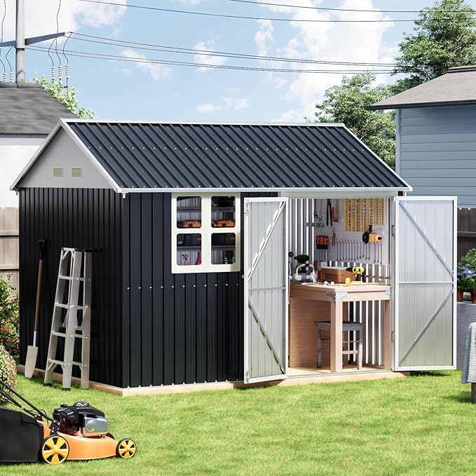 8x10 FT Outdoor Metal Storage Shed, Single Door, 1 Clear Window, Tool Shed for Garden, Patio, Backyard